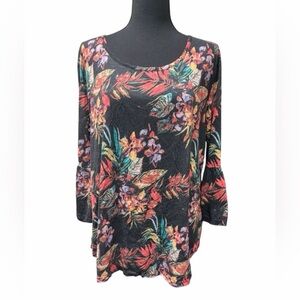 Tribal Black Floral Print Bell Sleeve Tunic Top Plus Size TG/XL